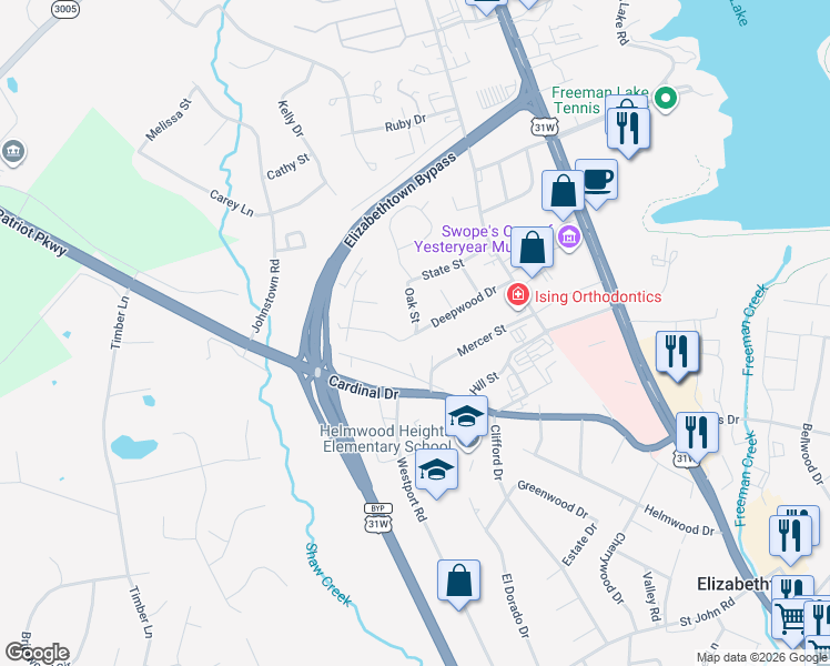 map of restaurants, bars, coffee shops, grocery stores, and more near 1106 Oak Drive in Elizabethtown