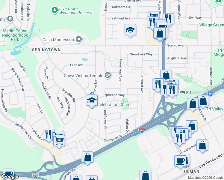 map of restaurants, bars, coffee shops, grocery stores, and more near 5457 Treeflower Drive in Livermore