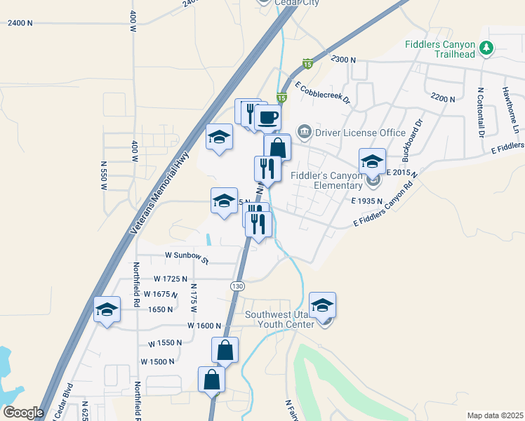 map of restaurants, bars, coffee shops, grocery stores, and more near 88 East Fiddlers Canyon Road in Cedar City