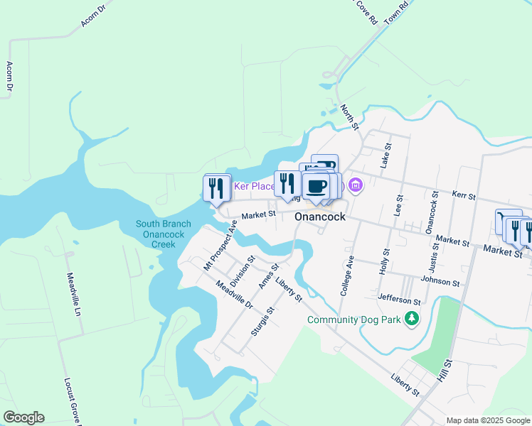 map of restaurants, bars, coffee shops, grocery stores, and more near 13 Market Street in Onancock