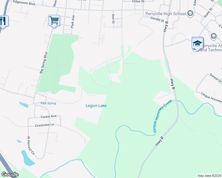 map of restaurants, bars, coffee shops, grocery stores, and more near 528 Green Meadows Lane in Perryville