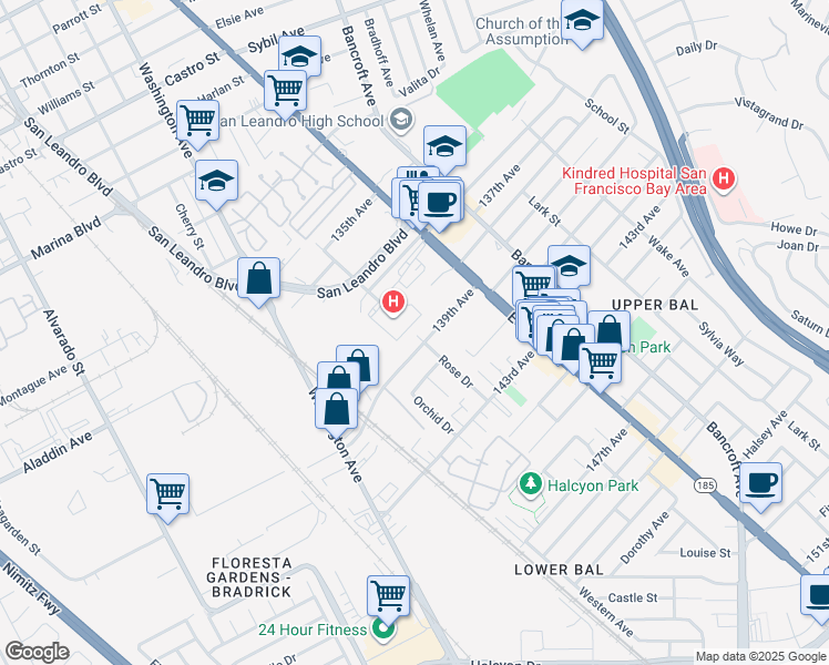 map of restaurants, bars, coffee shops, grocery stores, and more near 14180 Rose Drive in San Leandro