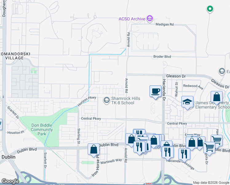 map of restaurants, bars, coffee shops, grocery stores, and more near 5531 Metropolitan Way in Dublin