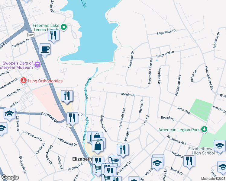 map of restaurants, bars, coffee shops, grocery stores, and more near 911 Monin Road in Elizabethtown
