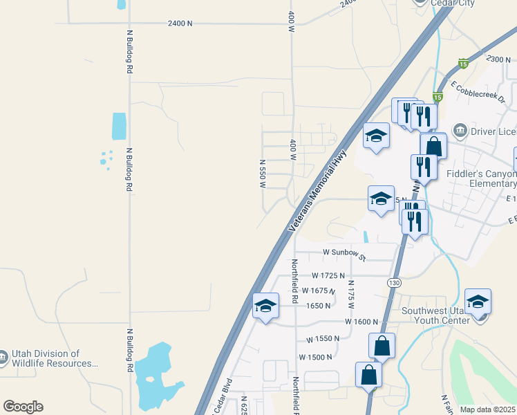 map of restaurants, bars, coffee shops, grocery stores, and more near 1905 North 550 West in Cedar City