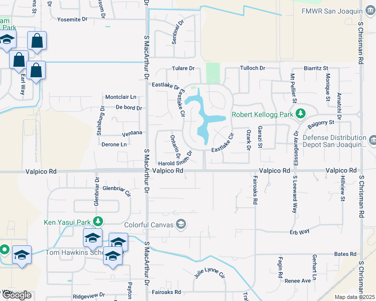 map of restaurants, bars, coffee shops, grocery stores, and more near 1640 Eastlake Circle in Tracy