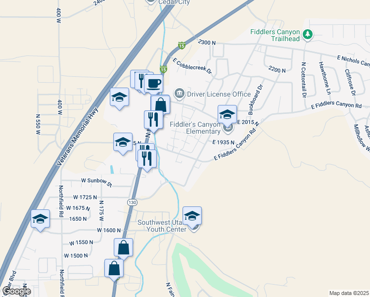 map of restaurants, bars, coffee shops, grocery stores, and more near 88 East Fiddlers Canyon Road in Cedar City