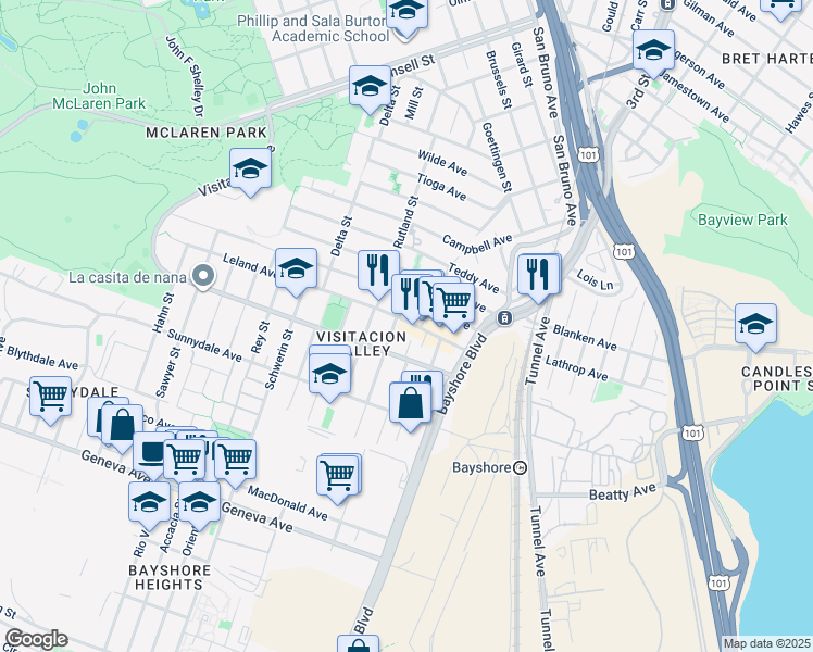 map of restaurants, bars, coffee shops, grocery stores, and more near 9 Talbert Street in San Francisco