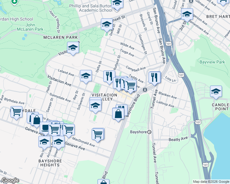 map of restaurants, bars, coffee shops, grocery stores, and more near 9 Talbert Street in San Francisco