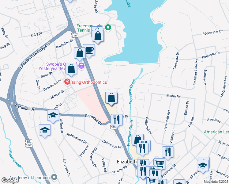 map of restaurants, bars, coffee shops, grocery stores, and more near 901 Memorial Court in Elizabethtown