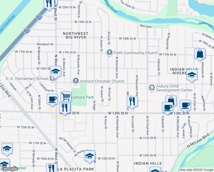 map of restaurants, bars, coffee shops, grocery stores, and more near 1526 N Gow St in Wichita