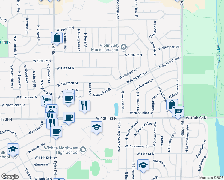 map of restaurants, bars, coffee shops, grocery stores, and more near 8005 West Suncrest Avenue in Wichita