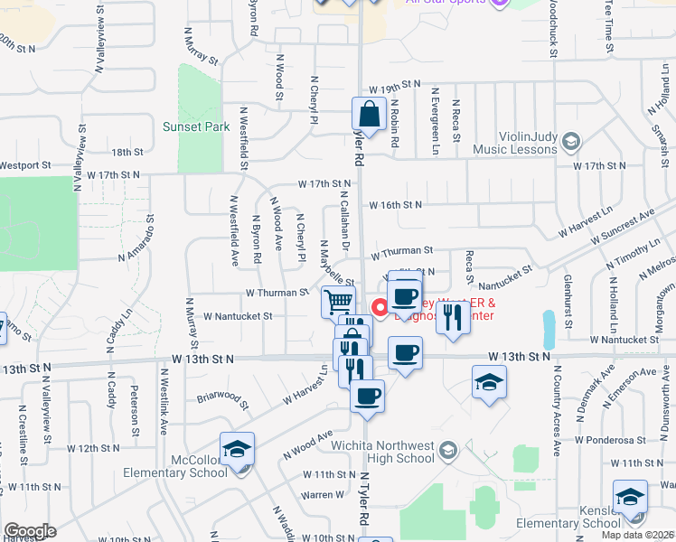 map of restaurants, bars, coffee shops, grocery stores, and more near 1525 North Maybelle Street in Wichita