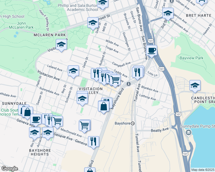 map of restaurants, bars, coffee shops, grocery stores, and more near 98 Leland Avenue in San Francisco