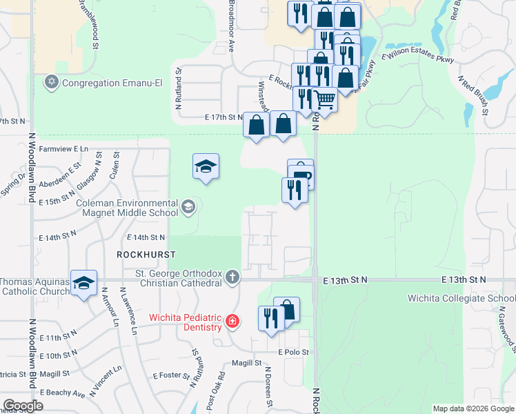 map of restaurants, bars, coffee shops, grocery stores, and more near 7700 East 13th Street North in Wichita