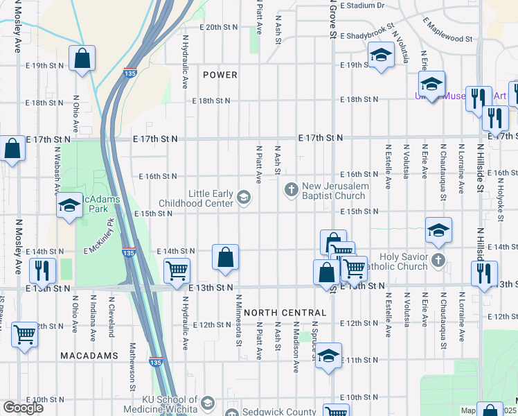 map of restaurants, bars, coffee shops, grocery stores, and more near Piatt Street in Wichita