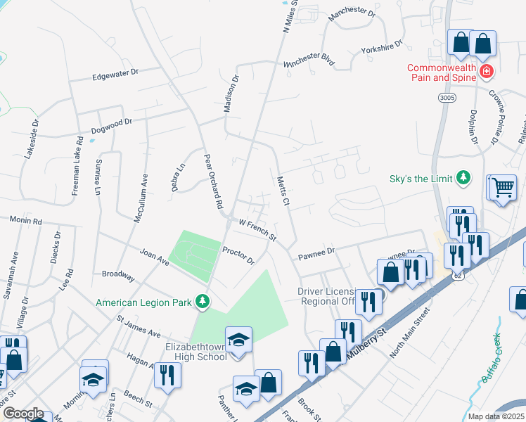 map of restaurants, bars, coffee shops, grocery stores, and more near 1100 Lewis Drive in Elizabethtown