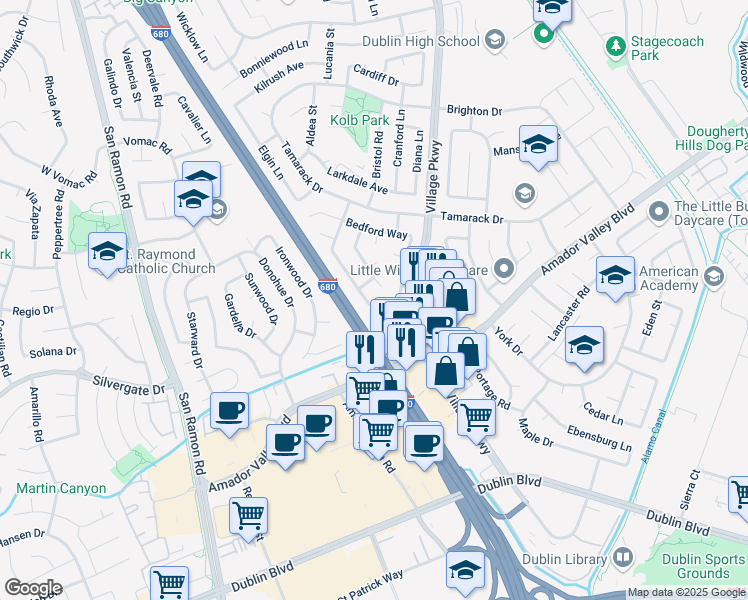 map of restaurants, bars, coffee shops, grocery stores, and more near 7583 Sutton Lane in Dublin