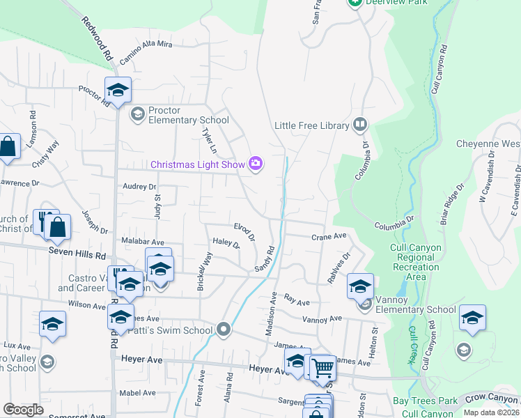 map of restaurants, bars, coffee shops, grocery stores, and more near 5084 Seaview Avenue in Castro Valley