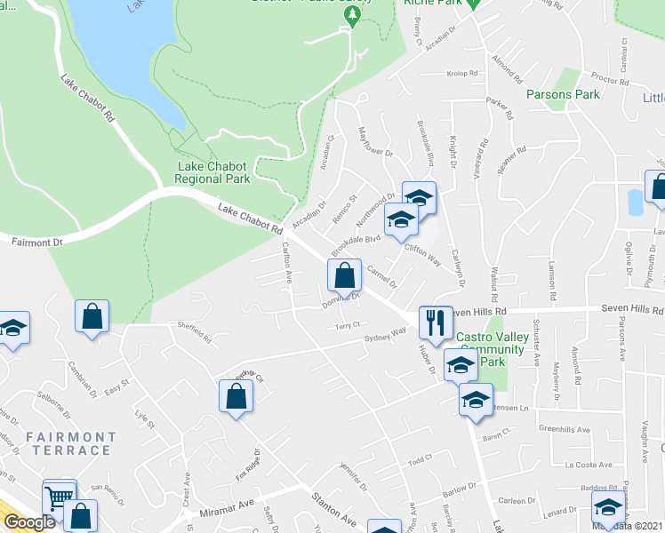 map of restaurants, bars, coffee shops, grocery stores, and more near 18340 Lake Chabot Road in Castro Valley