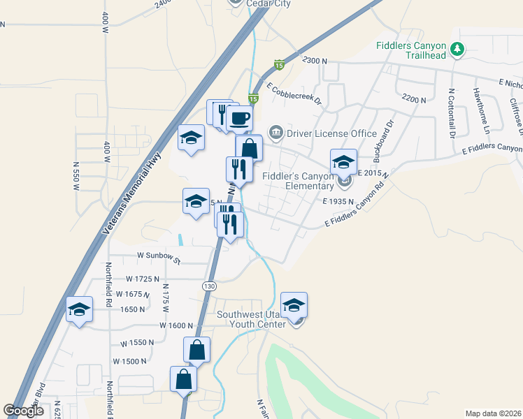 map of restaurants, bars, coffee shops, grocery stores, and more near 170 East Fiddlers Canyon Road in Cedar City
