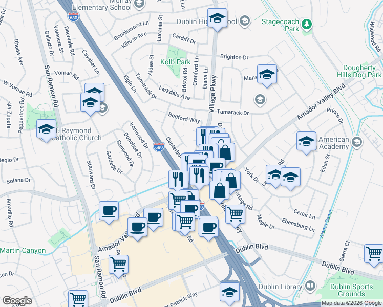 map of restaurants, bars, coffee shops, grocery stores, and more near 7608 Canterbury Lane in Dublin