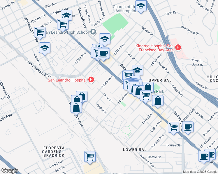 map of restaurants, bars, coffee shops, grocery stores, and more near 14033 Reed Avenue in San Leandro