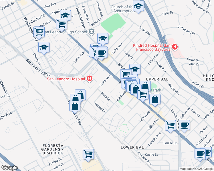 map of restaurants, bars, coffee shops, grocery stores, and more near 14033 Reed Avenue in San Leandro