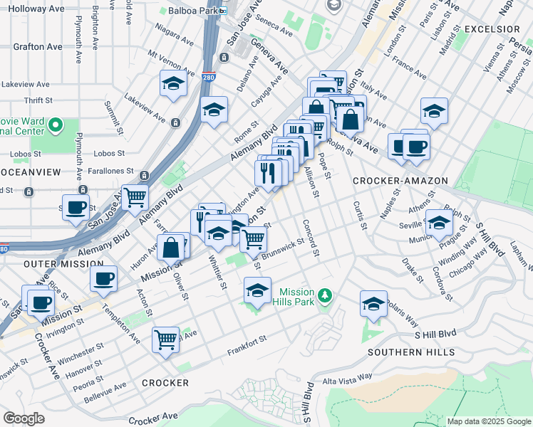 map of restaurants, bars, coffee shops, grocery stores, and more near 5519 Mission Street in San Francisco
