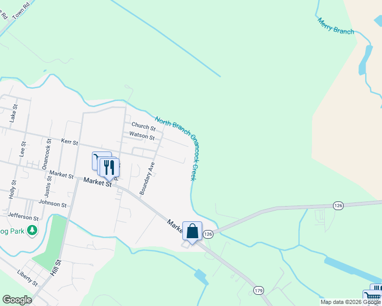 map of restaurants, bars, coffee shops, grocery stores, and more near 1-99 School Street in Onancock