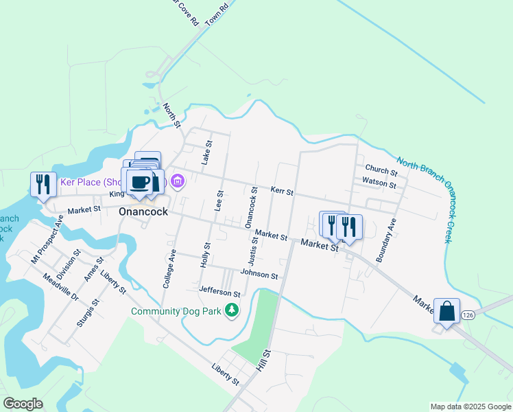 map of restaurants, bars, coffee shops, grocery stores, and more near 4 Onancock Street in Onancock