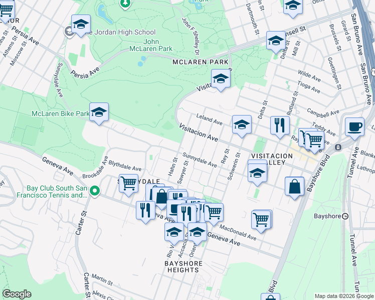 map of restaurants, bars, coffee shops, grocery stores, and more near 1321 Sunnydale Avenue in San Francisco