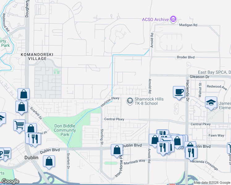 map of restaurants, bars, coffee shops, grocery stores, and more near 5580 Metropolitan Way in Dublin