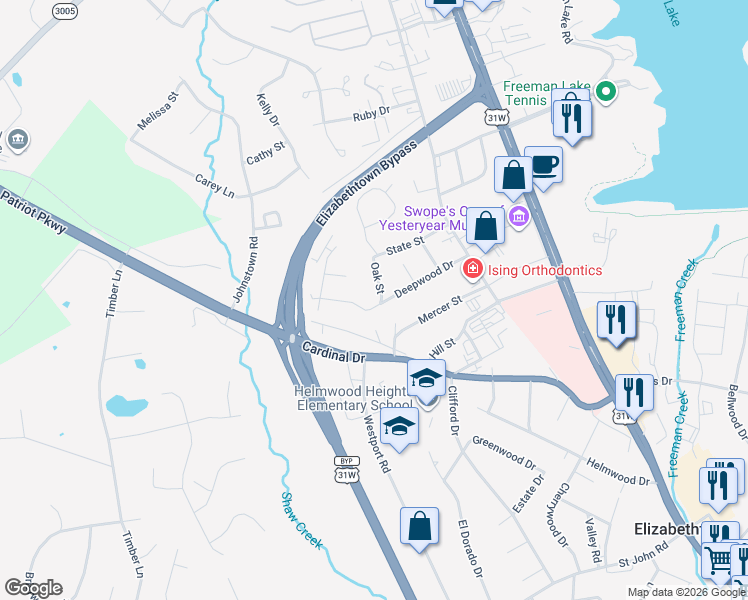 map of restaurants, bars, coffee shops, grocery stores, and more near 1106 Oak Drive in Elizabethtown