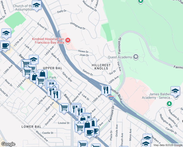 map of restaurants, bars, coffee shops, grocery stores, and more near 14749 Saturn Drive in San Leandro
