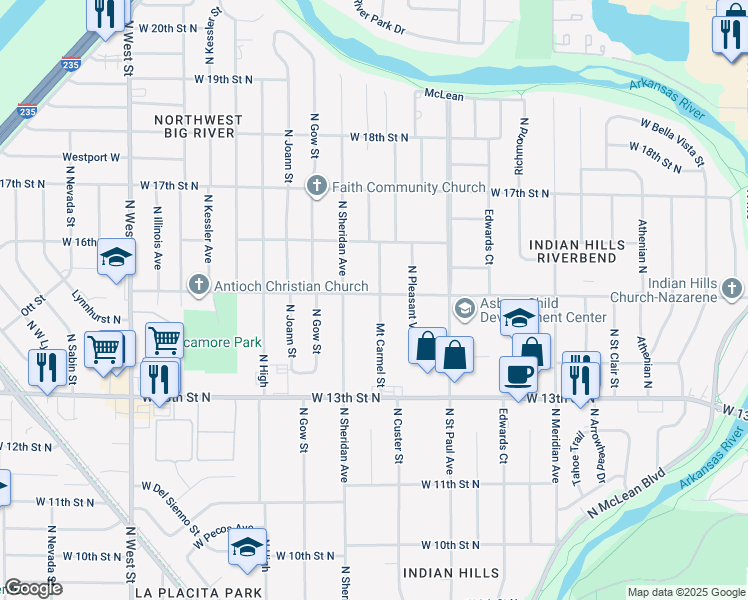 map of restaurants, bars, coffee shops, grocery stores, and more near 1522 North Sheridan Street in Wichita