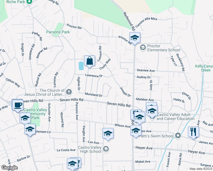 map of restaurants, bars, coffee shops, grocery stores, and more near 18460 Hastings Way in Castro Valley