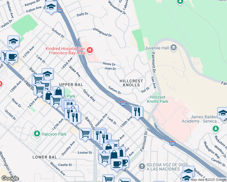 map of restaurants, bars, coffee shops, grocery stores, and more near 14749 Saturn Drive in San Leandro