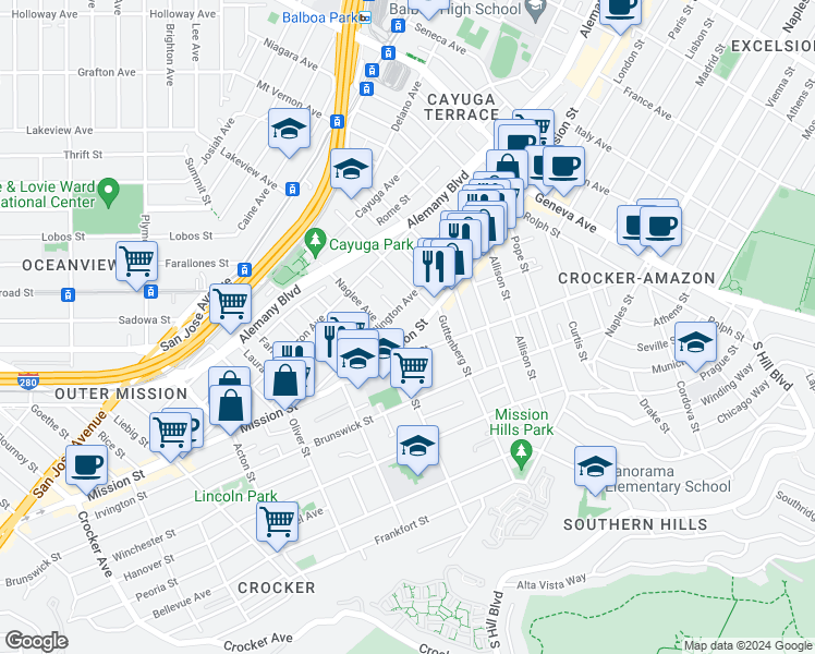 map of restaurants, bars, coffee shops, grocery stores, and more near in San Francisco