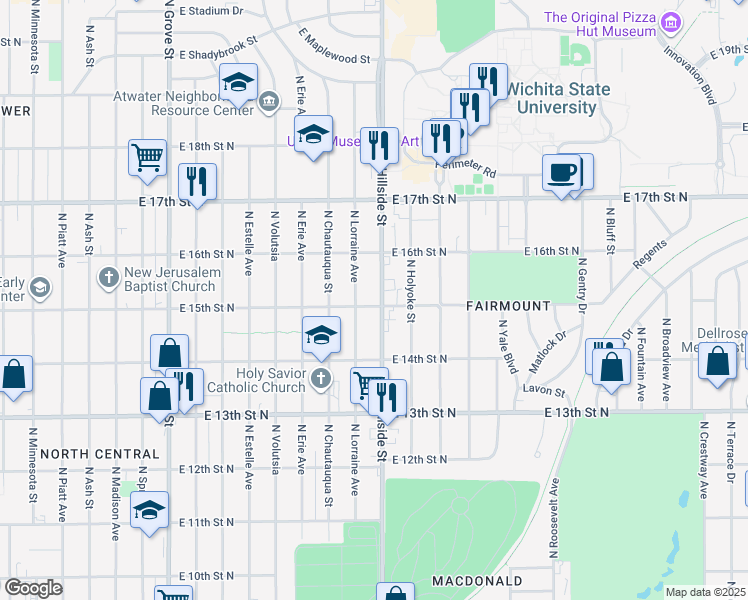 map of restaurants, bars, coffee shops, grocery stores, and more near 1550 North Hillside Street in Wichita