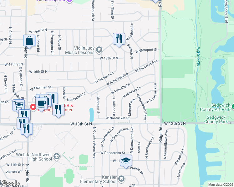 map of restaurants, bars, coffee shops, grocery stores, and more near 1524 North Holland Lane in Wichita