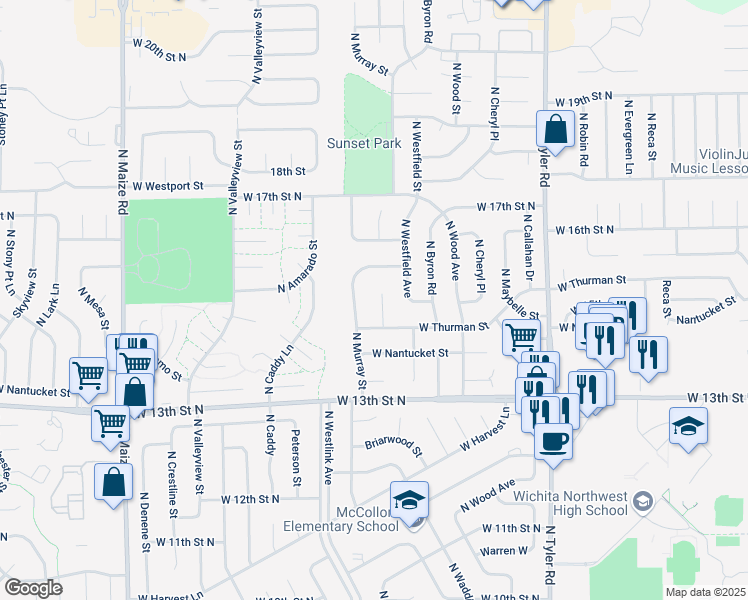 map of restaurants, bars, coffee shops, grocery stores, and more near 9432 W Thurman Ct in Wichita