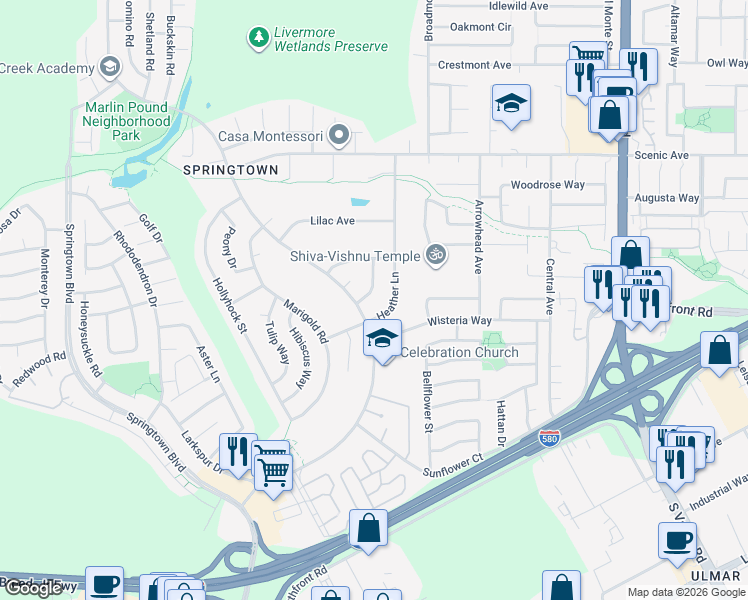 map of restaurants, bars, coffee shops, grocery stores, and more near 1333 Daisy Lane in Livermore