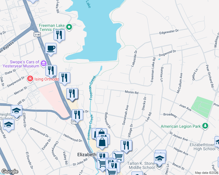 map of restaurants, bars, coffee shops, grocery stores, and more near 9198 Monin Road in Elizabethtown