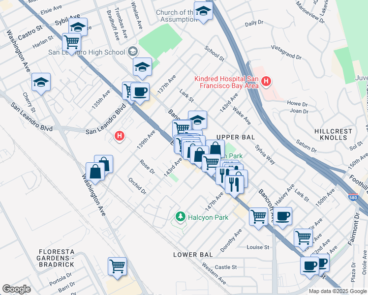 map of restaurants, bars, coffee shops, grocery stores, and more near 14340 California 185 in San Leandro