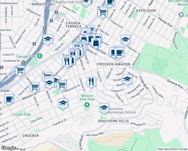 map of restaurants, bars, coffee shops, grocery stores, and more near 249 Pope Street in San Francisco