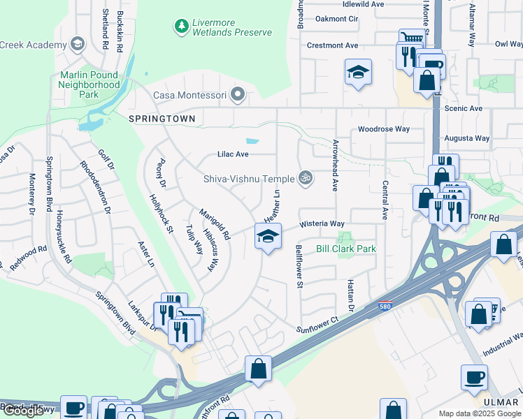 map of restaurants, bars, coffee shops, grocery stores, and more near 1333 Daisy Lane in Livermore