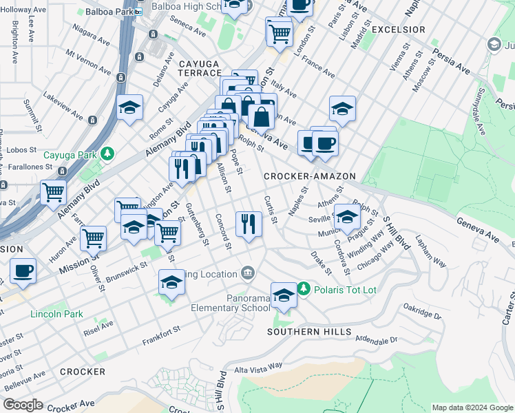 map of restaurants, bars, coffee shops, grocery stores, and more near 249 Pope Street in San Francisco