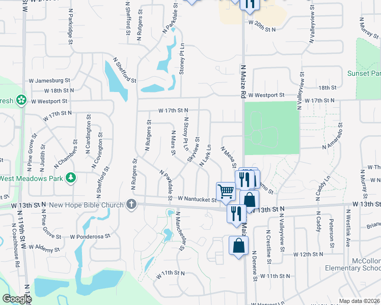 map of restaurants, bars, coffee shops, grocery stores, and more near 1531 N Stoney Point St in Wichita
