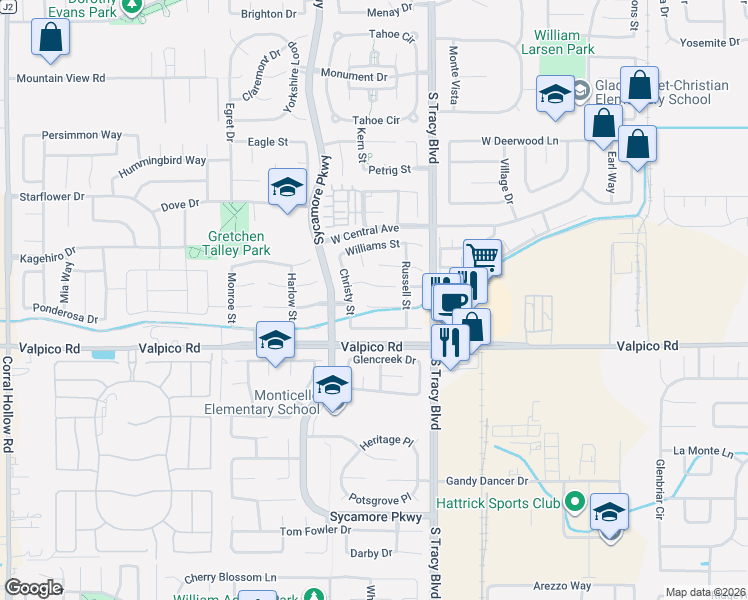 map of restaurants, bars, coffee shops, grocery stores, and more near 813 Longfellow Street in Tracy